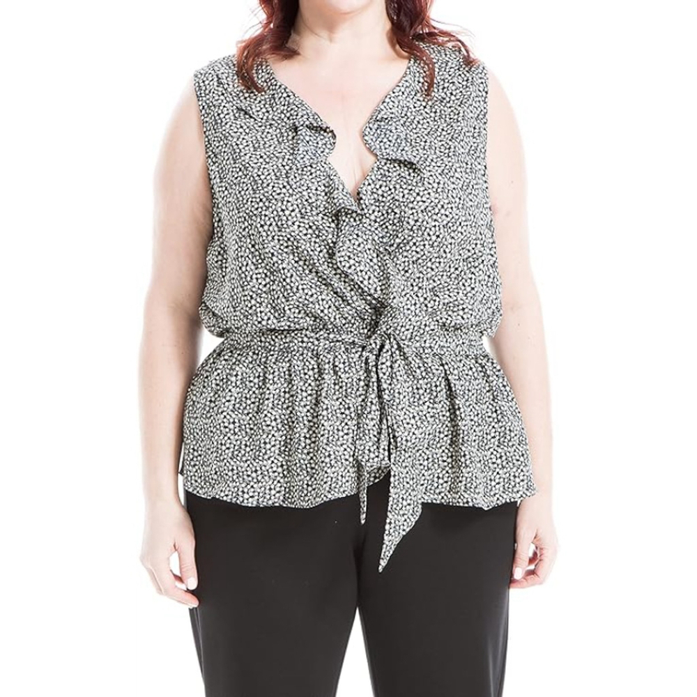 Max Studio Women's Plus Size 3X Black & White Ruffle Wrap Blouse NWT